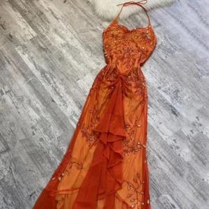 Msikoods Elegant Orange Spaghetti Straps Beaded Prom Dress Women Customized Mermaid Tulle Party Dresses Sequins Evening Dress
