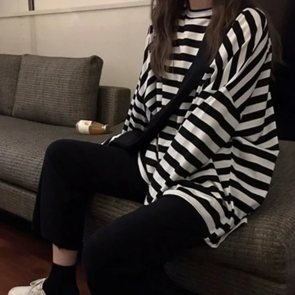 spring Autumn Women harajuku Striped Tshirt Long Sleeve O-Neck T-Shirts ulzzang Korean Casual T Shirt Femme black Tops - Image 2
