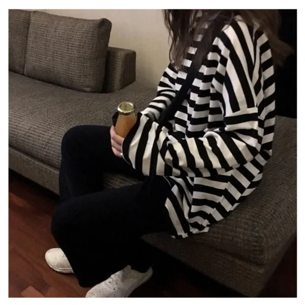 spring Autumn Women harajuku Striped Tshirt Long Sleeve O-Neck T-Shirts ulzzang Korean Casual T Shirt Femme black Tops - Image 6