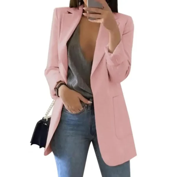 Summer Women Blazer Jacket Lapel All-match Open Front Stylish Office Lady Slim Suit Overcoat Solid Color Long Blazer - Image 5