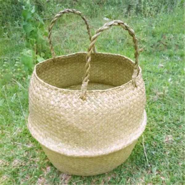 1Pc Household Storage Box Foldable Natural Seaweed Woven Storage Basket Flower Pot Garden Vase Hanging Wicker Storage Basket - Image 3