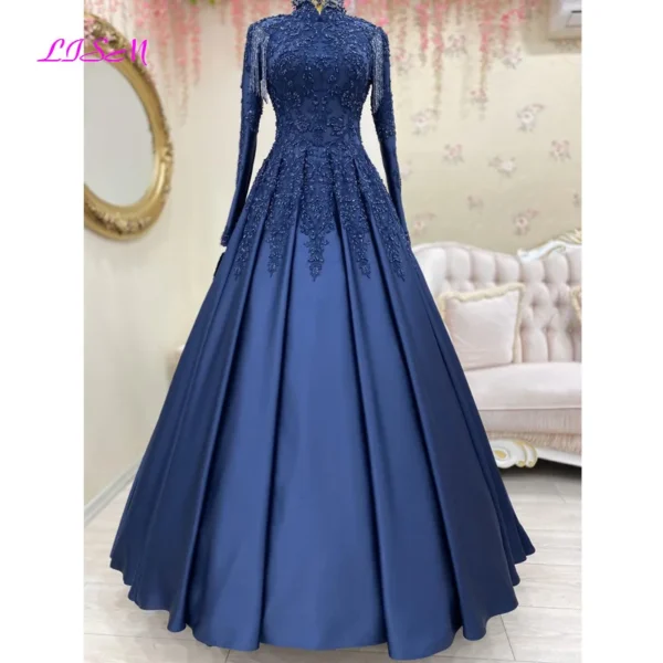 Elegant Long Sleeves Muslim Prom Dress Lace Beaded Satin Saudi Arabic Islamic Evening Formal Party Ball Gowns with Tassel - Image 3