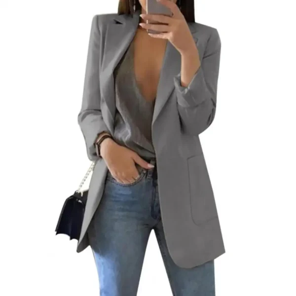 Summer Women Blazer Jacket Lapel All-match Open Front Stylish Office Lady Slim Suit Overcoat Solid Color Long Blazer - Image 2