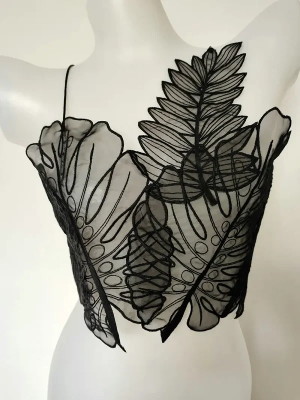 Women Tank Top Green Transparent Outfit Camisole Sexy Embroidered Tanks Organza Leaves Sexy Camis Crop Top - Image 6
