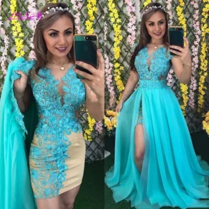 Elegant 2 Pieces Prom Dresses Lace Appliques Pearls Side Slit Evening Gowns Cap Sleeves Chiffon Formal Women Dress 2020