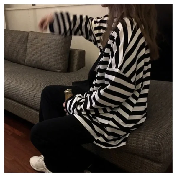 spring Autumn Women harajuku Striped Tshirt Long Sleeve O-Neck T-Shirts ulzzang Korean Casual T Shirt Femme black Tops - Image 4