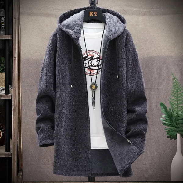 Mens Long Knit Cardigan Autumn Winter Sweater Coat Fleece Heavy Hoodie Solid Chenille Men's Fashion Jacket - Image 2
