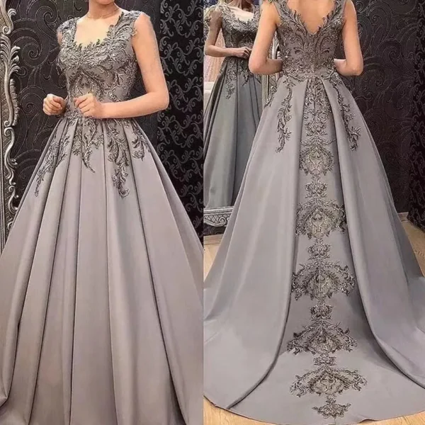 Vinca Sunny Customize Gray Satin Evening Dresses 2025 Long Women Party Night Robe De Soiree Appliques Sleeveless Prom Dresses