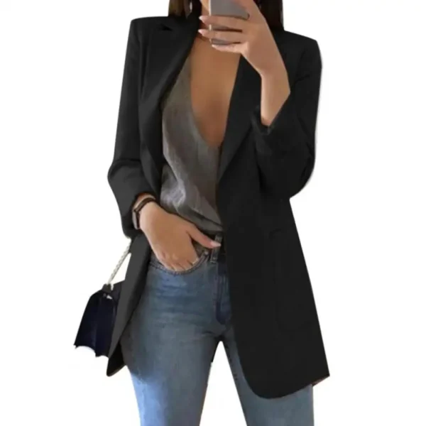 Summer Women Blazer Jacket Lapel All-match Open Front Stylish Office Lady Slim Suit Overcoat Solid Color Long Blazer - Image 3