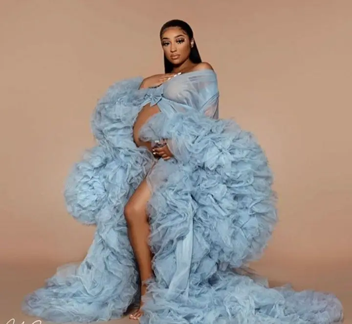 Bridal Fluffy Tulle Maternity Robes Custom Made Sky Blue Women Long Tulle Dresses Photo Shoot Beach Birthday Party Tulle Robe - Image 3