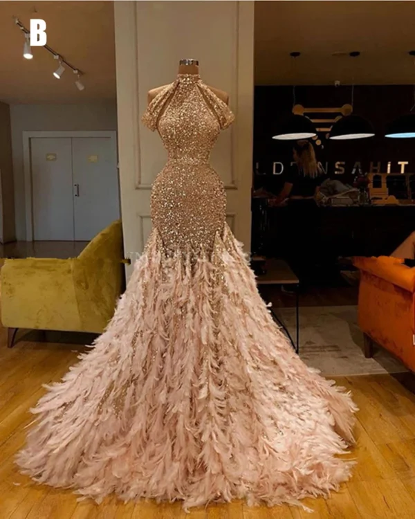 Customized Glitter Sequin Mermaid Feather African Prom Dresses Long Sleeve One Shoulder Evening Gown Graduation Formal Dress - Image 2