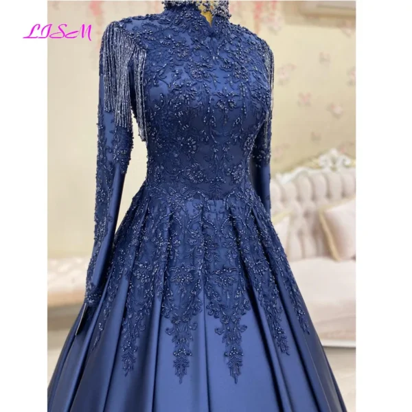 Elegant Long Sleeves Muslim Prom Dress Lace Beaded Satin Saudi Arabic Islamic Evening Formal Party Ball Gowns with Tassel - Image 2