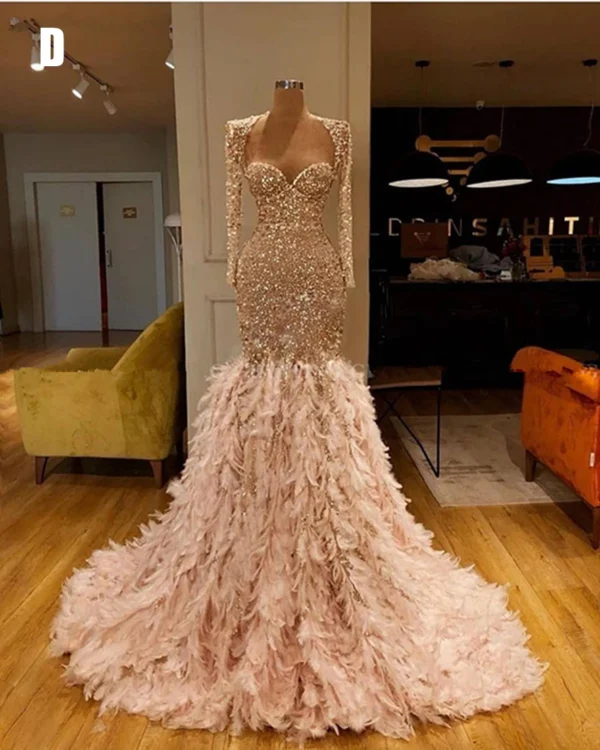 Customized Glitter Sequin Mermaid Feather African Prom Dresses Long Sleeve One Shoulder Evening Gown Graduation Formal Dress - Image 4