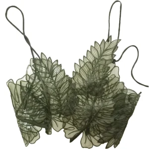 Women Tank Top Green Transparent Outfit Camisole Sexy Embroidered Tanks Organza Leaves Sexy Camis Crop Top