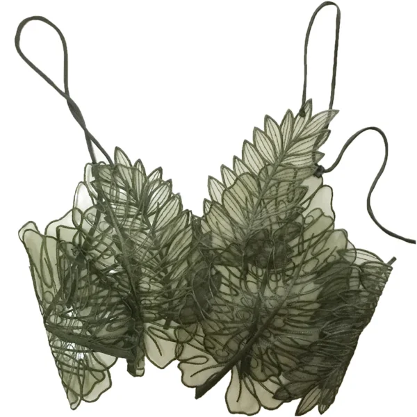 Women Tank Top Green Transparent Outfit Camisole Sexy Embroidered Tanks Organza Leaves Sexy Camis Crop Top
