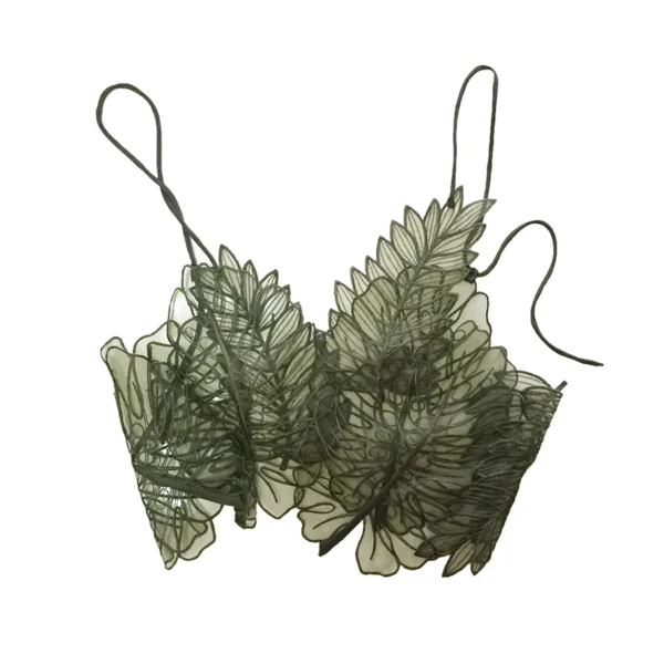 Women Tank Top Green Transparent Outfit Camisole Sexy Embroidered Tanks Organza Leaves Sexy Camis Crop Top - Image 2
