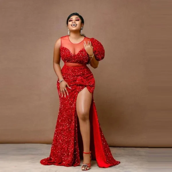 African Red Sequined Mermaid Prom Dresses Aso Ebi Style Plus Size Side Split Evening Gowns Sheer Neck Formal Party Dress 2022 - Image 3