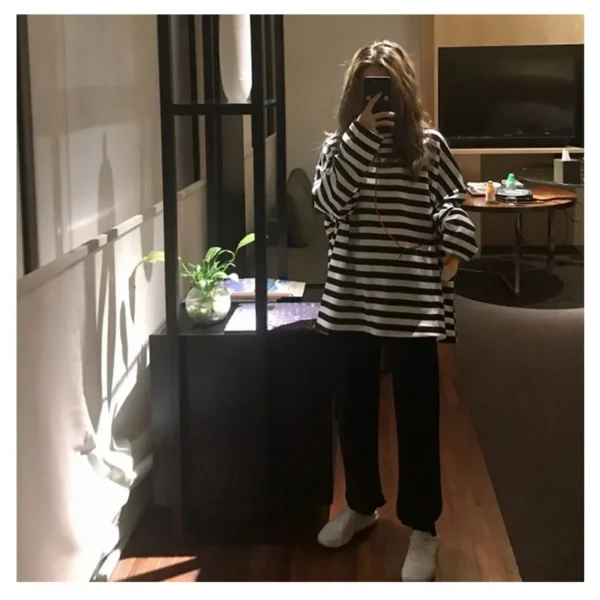 spring Autumn Women harajuku Striped Tshirt Long Sleeve O-Neck T-Shirts ulzzang Korean Casual T Shirt Femme black Tops - Image 3