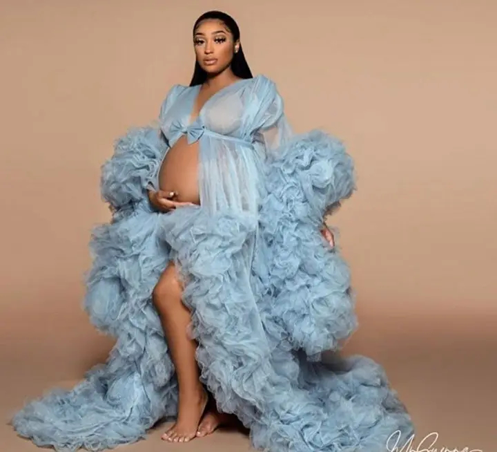 Bridal Fluffy Tulle Maternity Robes Custom Made Sky Blue Women Long Tulle Dresses Photo Shoot Beach Birthday Party Tulle Robe - Image 4