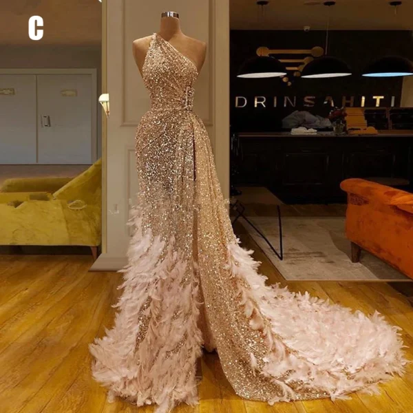 Customized Glitter Sequin Mermaid Feather African Prom Dresses Long Sleeve One Shoulder Evening Gown Graduation Formal Dress - Image 3