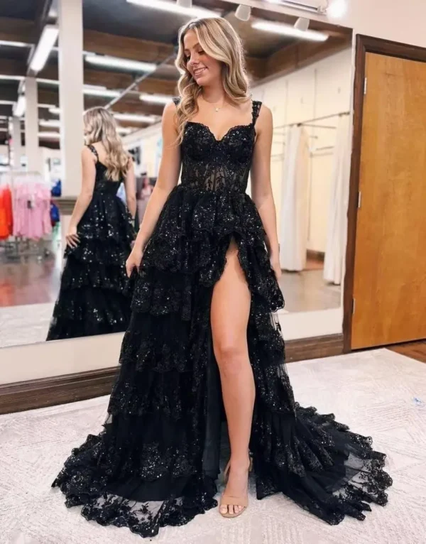 Sparkly Tiered Lace Tulle Prom Dresses Long Spaghetti Straps Formal Corset Evening Gowns Sexy Side Slit Party Dress Custom Made - Image 5