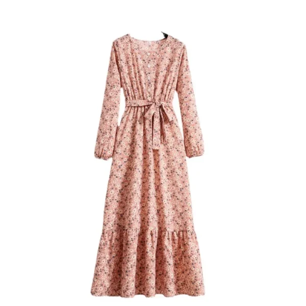 Vintage Floral Long Sleeve Dress For Women Spring Autumn New Waist-fitted Slimming Elegant Chiffon Dresses - Image 2