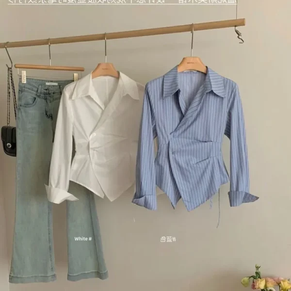 Plus Size Design Sensibility Irregular Waist-Fitted Slimming Striped Shirt Women's Elegant Lapel Long Sleeve Shirt 2024 New Mode