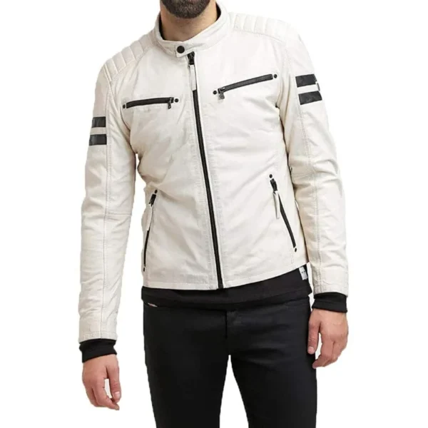URBAN Men’s Authentic Lambskin Leather Biker Jacket, White High-Quality Club Wear