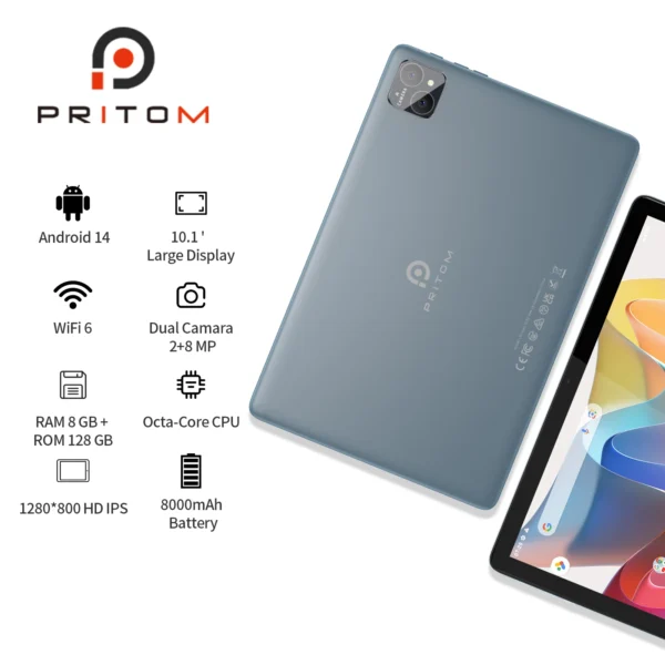 PRITOM TAB11 Android 14 Tablet – 10" Screen, 8GB RAM (Expandable), 128GB Storage, Octa-Core Processor, 5G WiFi, Includes Keyboard & Mouse - Image 3
