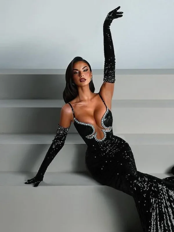 VC Luxury Women'S Elegant Dress Sexy Spaghetti Straps Rhinestones Sequins Tight Mermaid Maxi Black Evening Gown With Gloves - Image 3