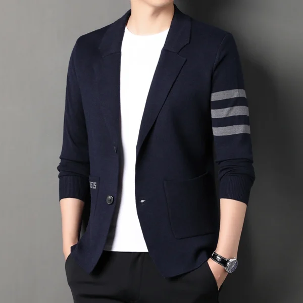 Brand Embroidered Sweater Cardigan, a classic Korean-style knitted coat designed for the modern man. The striped trend meets premium craftsmanship for a timeless look. - Image 5