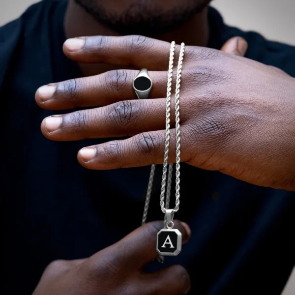 Vnox A-Z Initial Letters Men Necklaces, Geometric Pendant with Box Cuban Rope Chain, Stainless Steel Square Simple Collar - Image 3