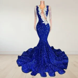 Sparkly Royal Blue Sexy Mermaid Prom Dress Sequin Beaded Gown V-Neck Long Evening Dress for Women Elegant Formal Party Wear 2025