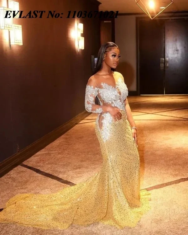 EVLAST Customized African Gold Mermaid Prom Dress Lace Beaded Aso Ebi Formal Party Gowns Wedding Reception Birthday Dress P162 - Image 3