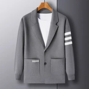 Brand Embroidered Sweater Cardigan, a classic Korean-style knitted coat designed for the modern man. The striped trend meets premium craftsmanship for a timeless look.