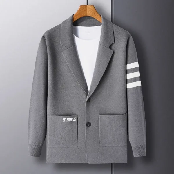 Brand Embroidered Sweater Cardigan, a classic Korean-style knitted coat designed for the modern man. The striped trend meets premium craftsmanship for a timeless look.
