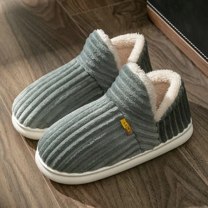 Winter Couple Style Concise Stripes Wrap Heels Plush Slippers Ladies' Non-slip Soft Warm Flip Flops Men Home Casual Cotton Shoes - Image 4