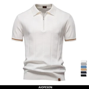 AIOPESON Men's Solid Color Sport Zipper Polo Shirt Athletic Social Polo Shirts for Men Office Slim Fit Polo