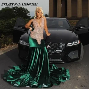 EVLAST Customized Luxury Dark Green Velvet Prom Dress Mermaid Diamond Crystal Beaded Black Girl Formal Evening Party Gown E2P135