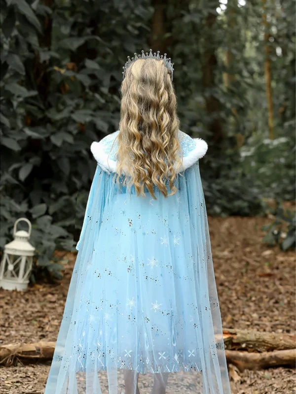 Girls' Spring 2025 New Velvet Elsa Frozen Princess Dress Kids Blue Cape 2 Piece Set Warm Dresses For Girl Party 3-9 Years Old ﻿ - Image 2