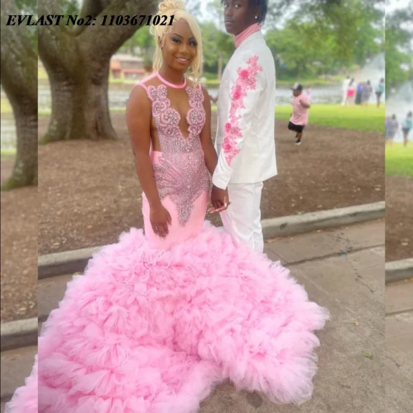 EVLAST Customized African Blush Pink Mermaid Prom Dress For Black Girls Crystal Beaded Ruffles Formal Party Evening Gown E2P85 - Image 6