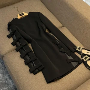 Fashion Hollow Out Designed Bowtie Lady Street Wear Long Sleeve O-neckline Slim Fitted Women Mini Formal Solid Dress