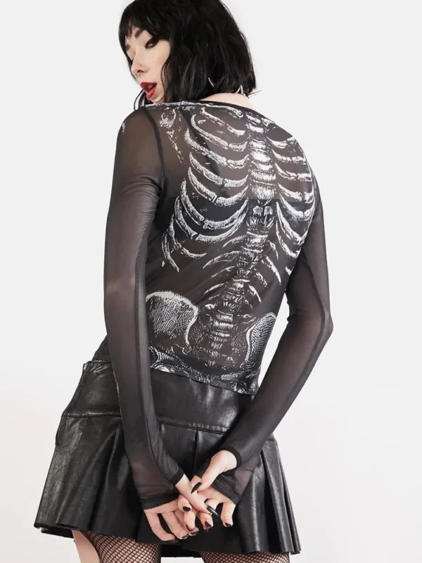 Gothic Punk Shirt 2000s Women Skeleton Pattern Round Neck Long Sleeve Crop Top Black Dark Academia Clothes y2k Tees Streetwear - Image 4