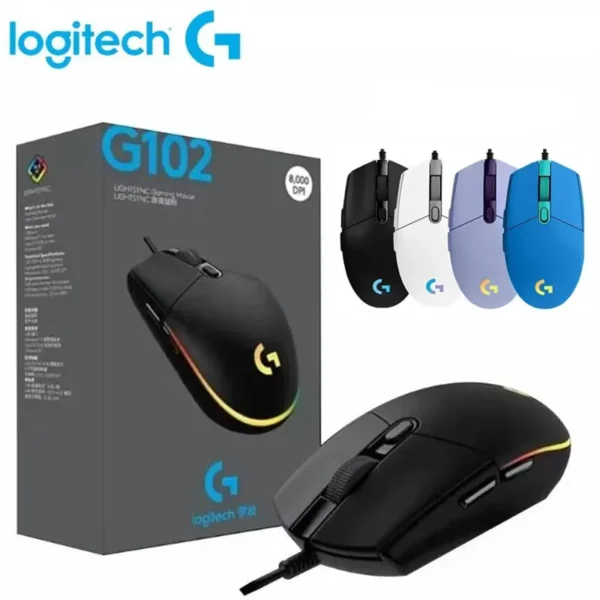 Logitech G102 USB Wired Gaming Mouse – 8000 DPI, Rainbow Optical Effect, Screen for PC/Mac