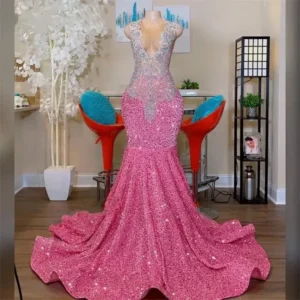 Pink Prom Dresses Black Girls Luxury Rhinestones Bead Diamond Sparkly Velvet Sequin Sheer Women Formal Evening Party Gala Gowns