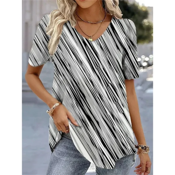 New Women's T-Shirt Summer V-Neck Tee Loose Casual Top Stripes Funny Printed Female Clothing Streetwear Women Pullover T-Shirts - Image 6