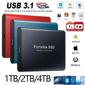 Portable SSD – 1TB, 2TB, High-Speed External Solid State Drive, USB3.1 Type-C Interface for Laptops