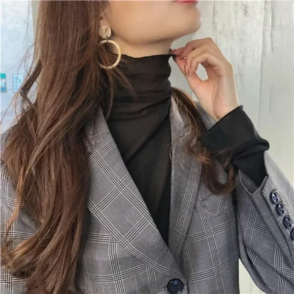 High Neck Sheer Mesh Top Women Clothing Long Sleeve Turtleneck T-shirt Korean Sexy See Through Black White Pink Purple Shirt New - Image 5