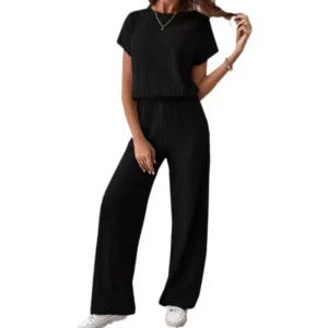 2024 New Fashion Pure Color Wide Stripe Knitted Set Shoulder One Piece Short Sleeve Top Long Pants Two Piece Suit Women's Wear