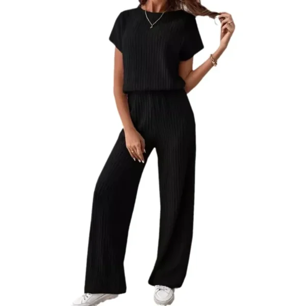 2024 New Fashion Pure Color Wide Stripe Knitted Set Shoulder One Piece Short Sleeve Top Long Pants Two Piece Suit Women's Wear